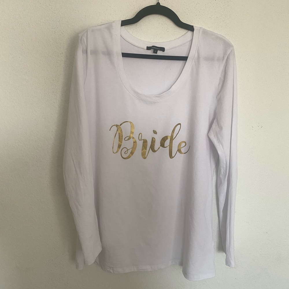 White “Bride” Long Sleeve Top Gold Foil Graphic Wedding Bridal Shirt Women’s 2X